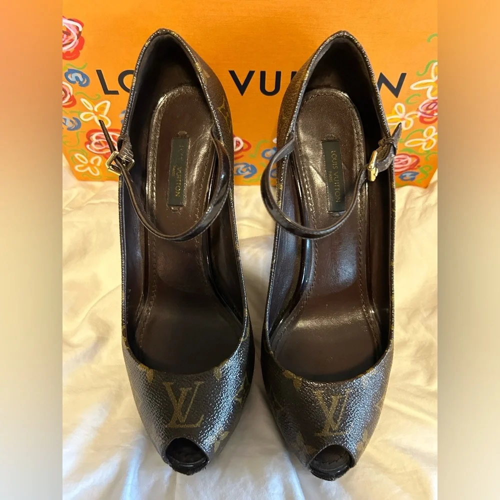 Louis Vuitton Monogram Peep-Toe Mary Jane Heels in Brown
